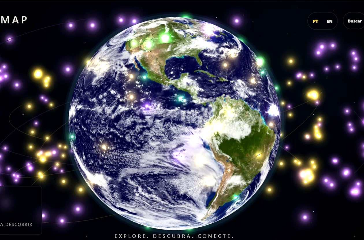 Prévia real do globo interativo do AwakenMap com nós luminosos ao redor da Terra