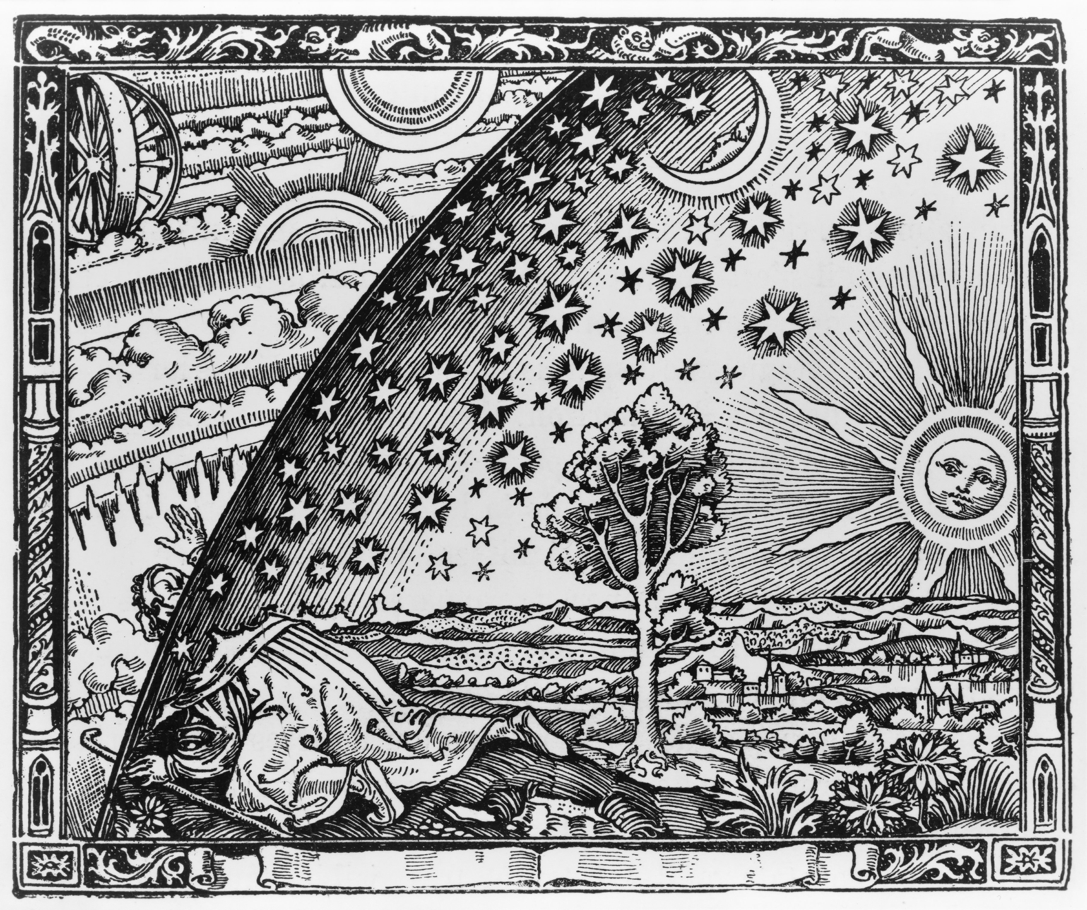 Gravura Flammarion, viajante olhando alem do firmamento