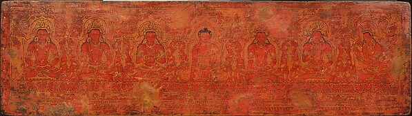 Capa de manuscrito tibetano com Shakyamuni, Budas passados e Maitreya