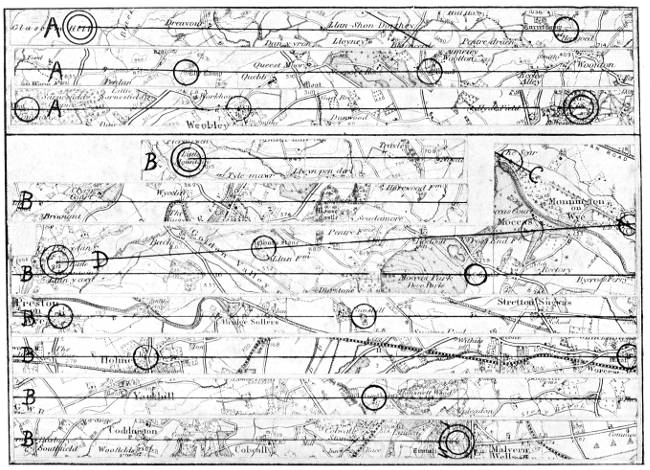 Mapa histórico de Alfred Watkins com alinhamentos de ley lines