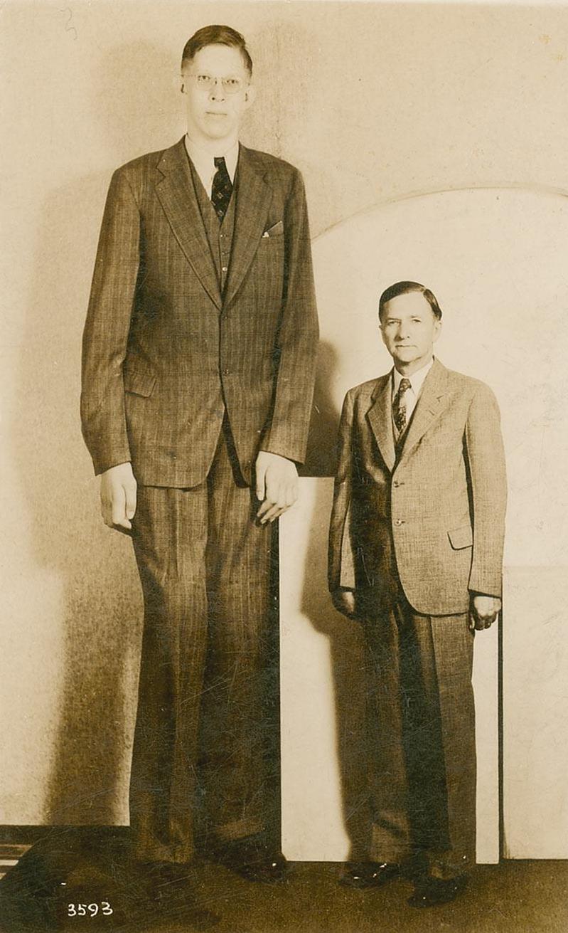 Robert Wadlow ao lado de seu pai em cartão-postal histórico