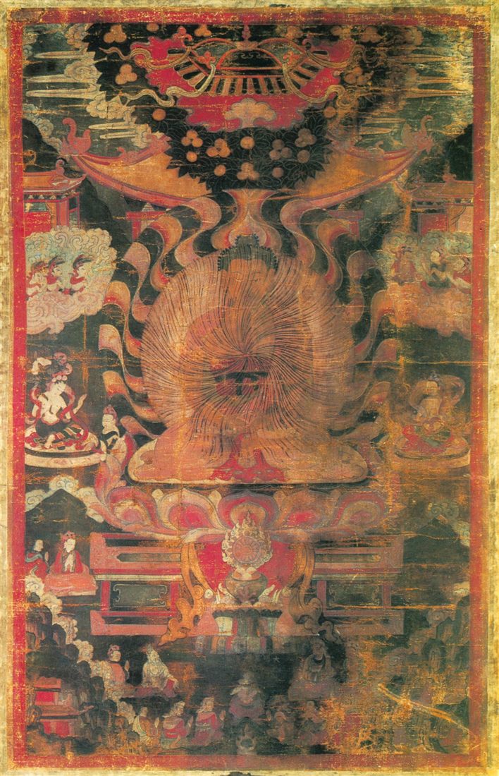 Thangka tibetano de Shakyamuni Buddha com corpo arco-íris